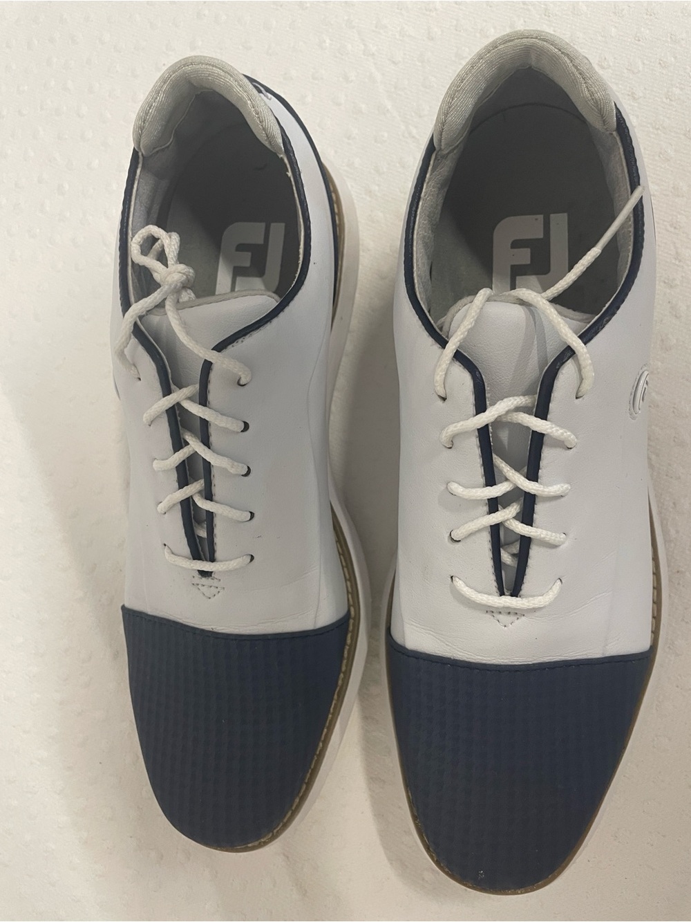 FootJoy Traditions Cap Toe Golf Shoe with Pulsar cleats navy/ white W8